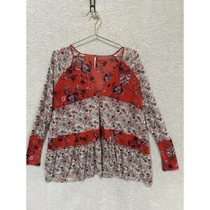 Free People Isabella Red Floral Tunic Women's Small Oversized Patchwork Boho